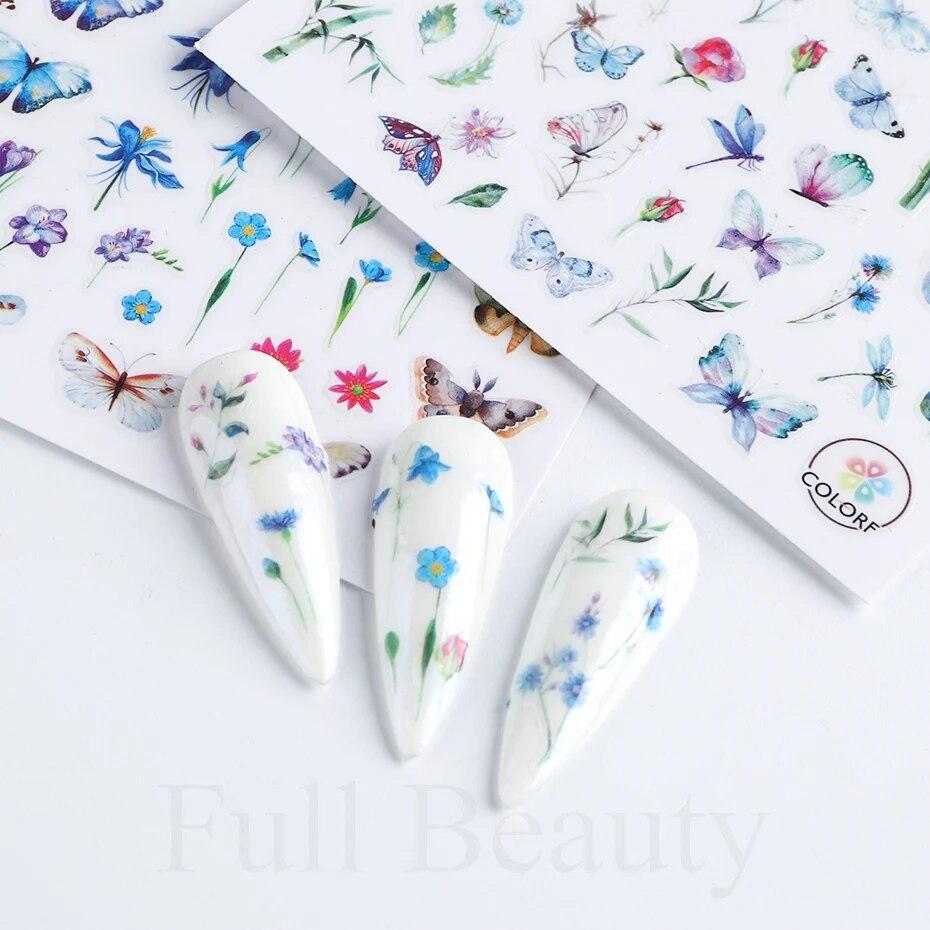 3D Nail Stickers Flowers Pink Purple Blossom Florals Leaves Decals Nail Art Adhesive Sliders Charms Manicure Decorations TRCA769