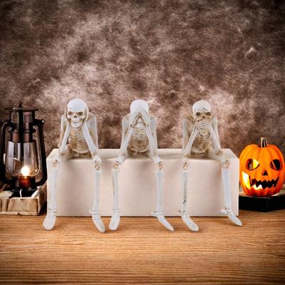 Halloween Skeleton Statue Resin See Speak Hear No Evil Skeleton Figurine with Dangling Legs for Indoor Mantel Table Shelf Decor