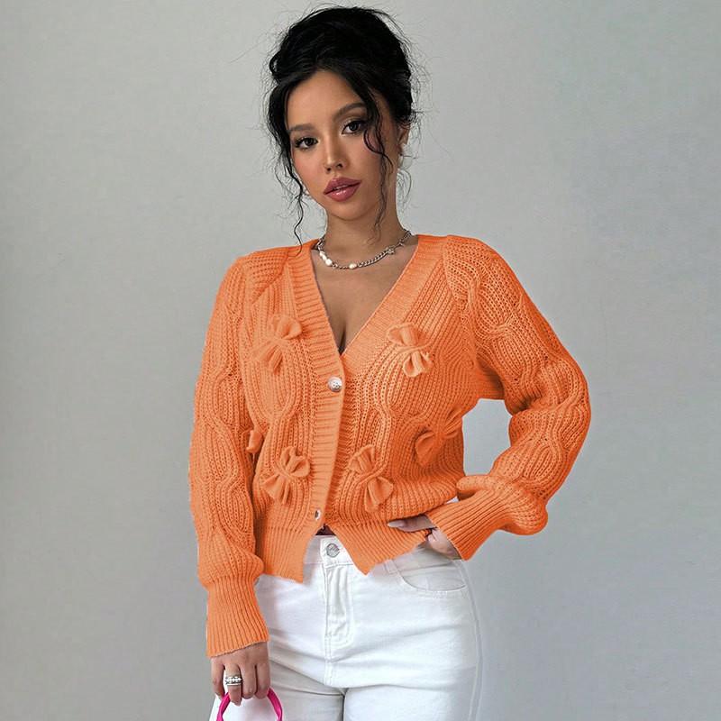 Womens Winter Solid Color Knit Cardigan With Bow Detail V-Neck Short Cropped Sweater