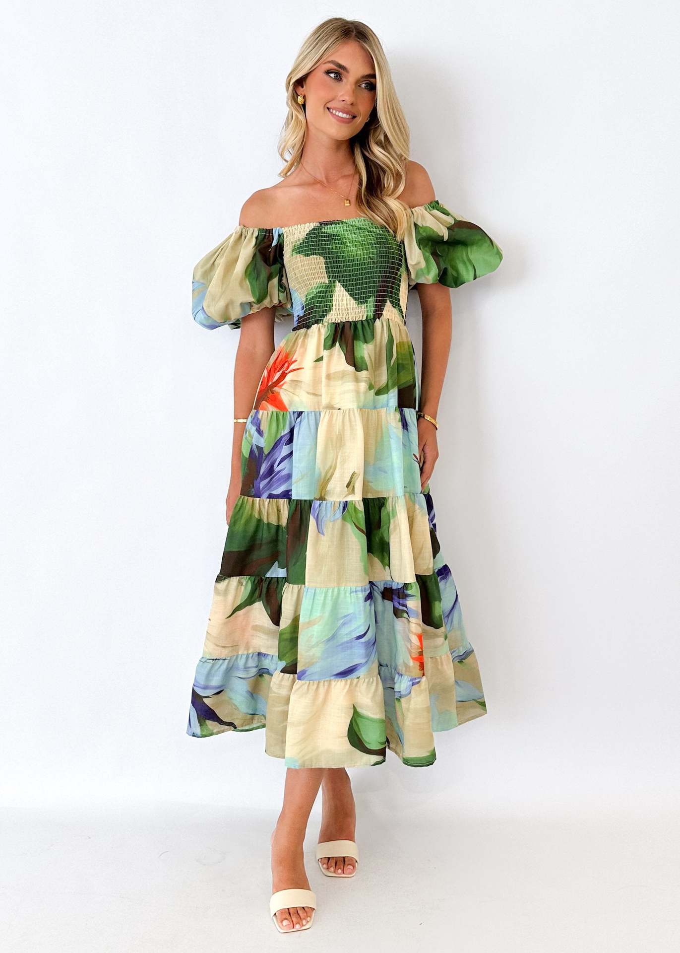 Summer new temperament elegant printing shoulder holiday style sexy loose dress women S