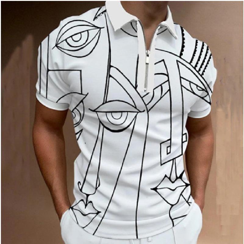 Summer Men's Casual Striped Houndstooth Digital Print T-Shirt Zipper Polo Shirt