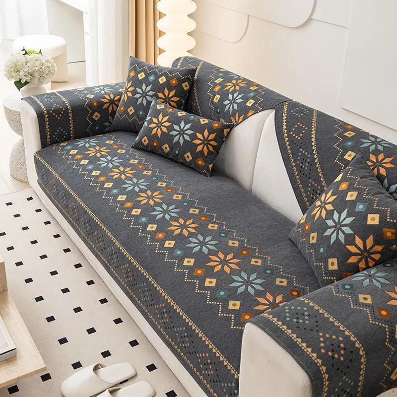 Light Luxury Bohemian 3 Seat Sofa Covers Waterproof Elastic Stretch Plush Chenille Non-Slip Cushions Fabric Material Sofa Cover