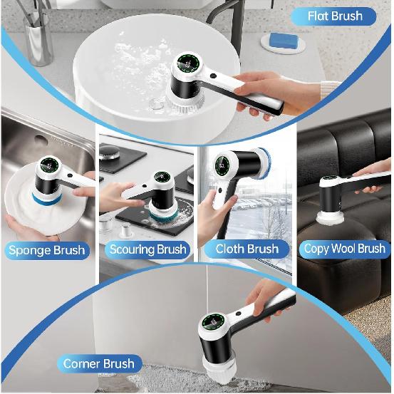 Electric Spin Scrubber, Cordless Shower Scrubbers with Battery Level Display, 2 Speeds Electric Scrubber for Cleaning with 7 Replaceable Heads,