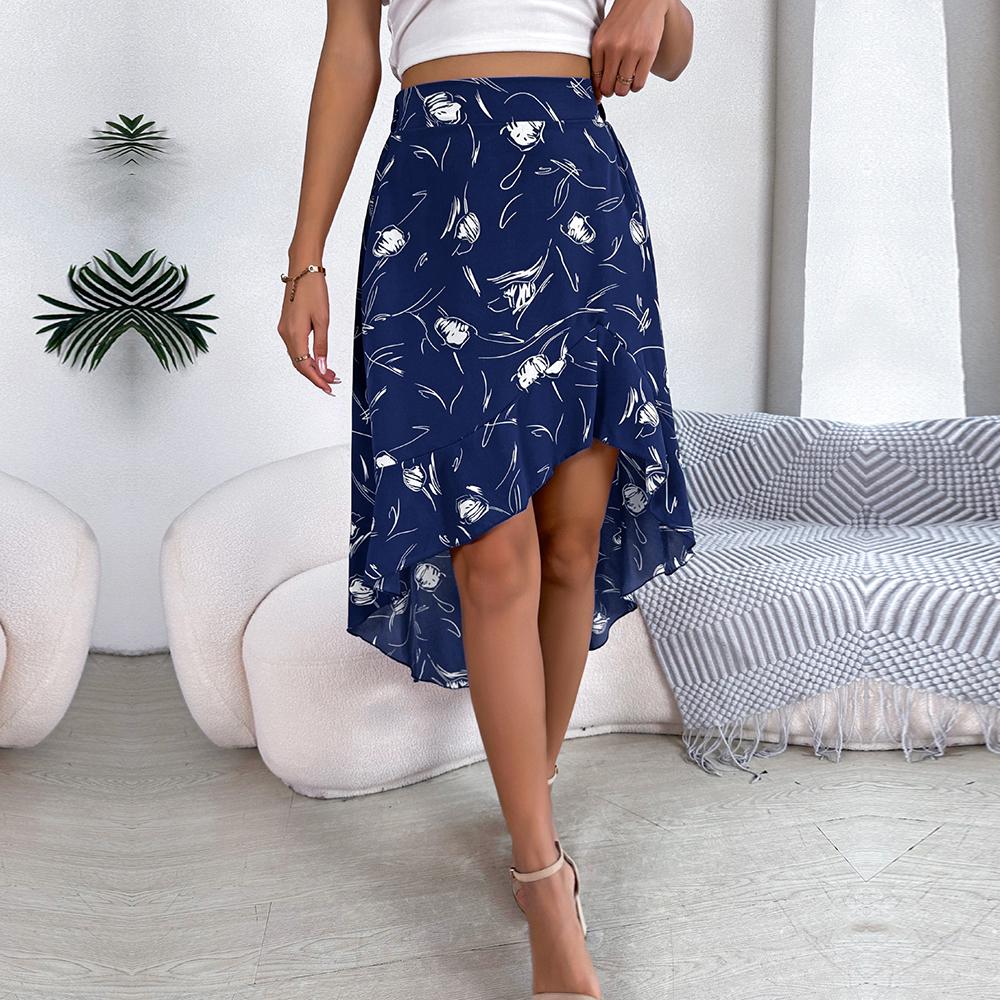 Dámské elegantní sukně jaro/léto květinové asymetrické volány s vysokým pasem