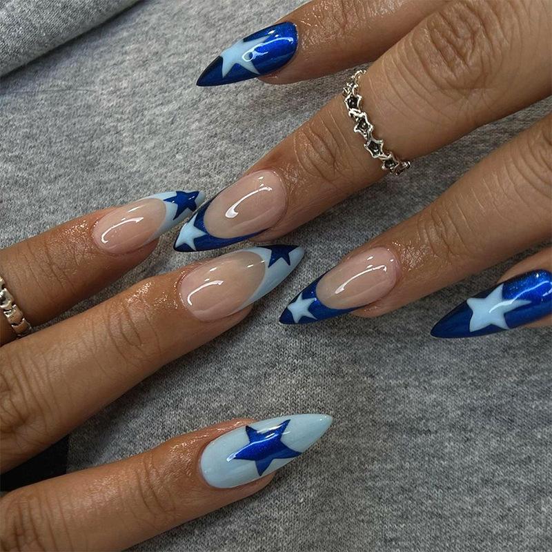 24Pcs Y2K Blue Star Almond Press On Nails Black Polka Dot French Tip Full Cover Fake Nails Sweet Cool Manicure