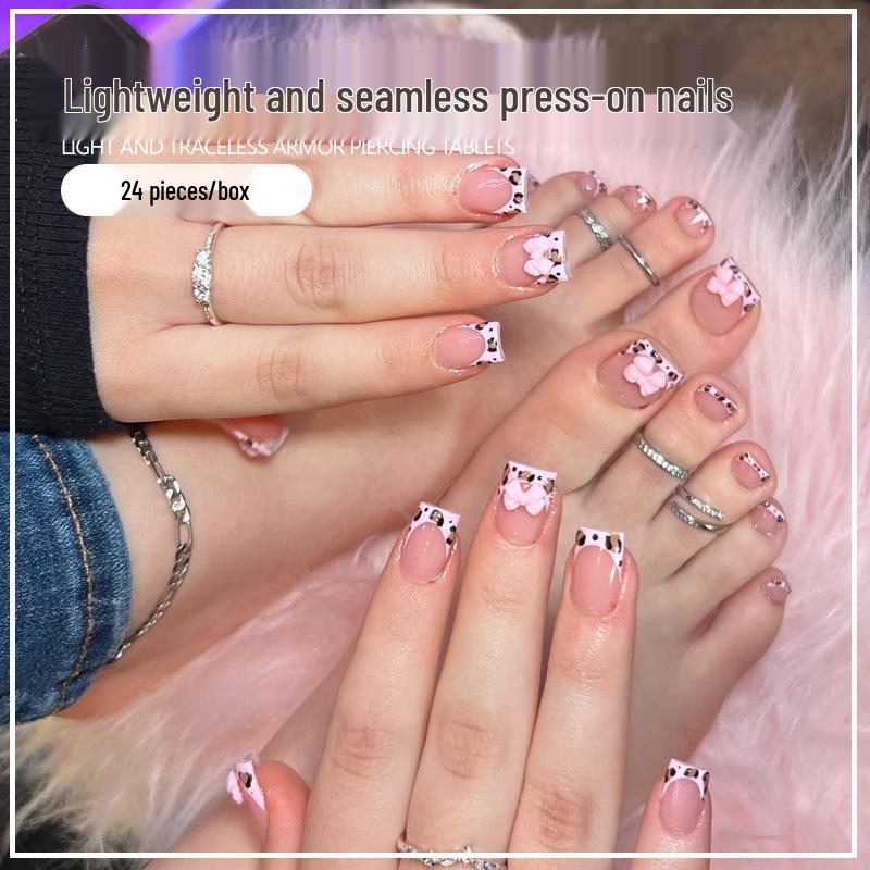 

Leopard Print Bow French Square Nail Art - Short Wearable European & American Style Glue Model