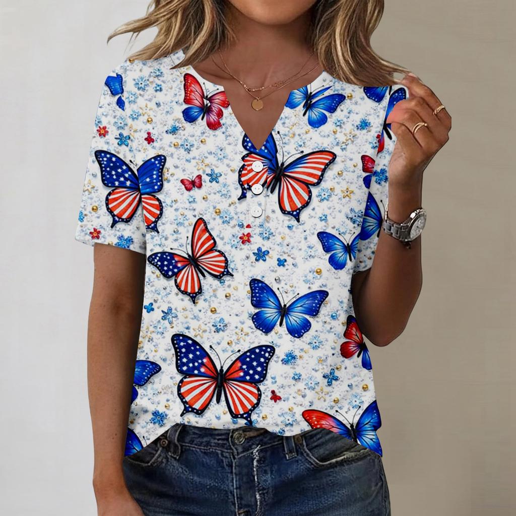 Women's fashionable casual short-sleeved Independence Day print V-neck top