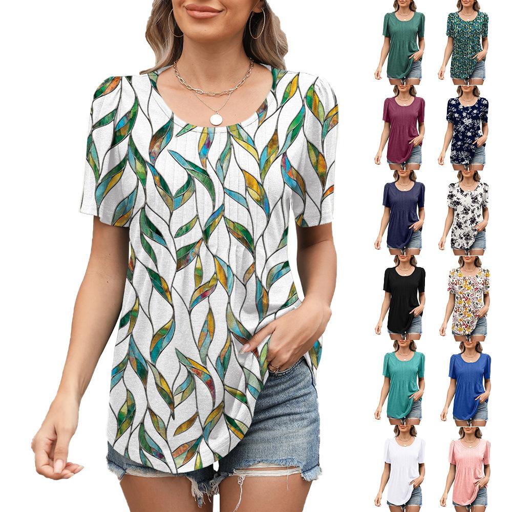 Women's Round Neck Short Sleeve Pleated Loose Fit Leaf Floral Print T Shirt Casual Daily Tunic Top