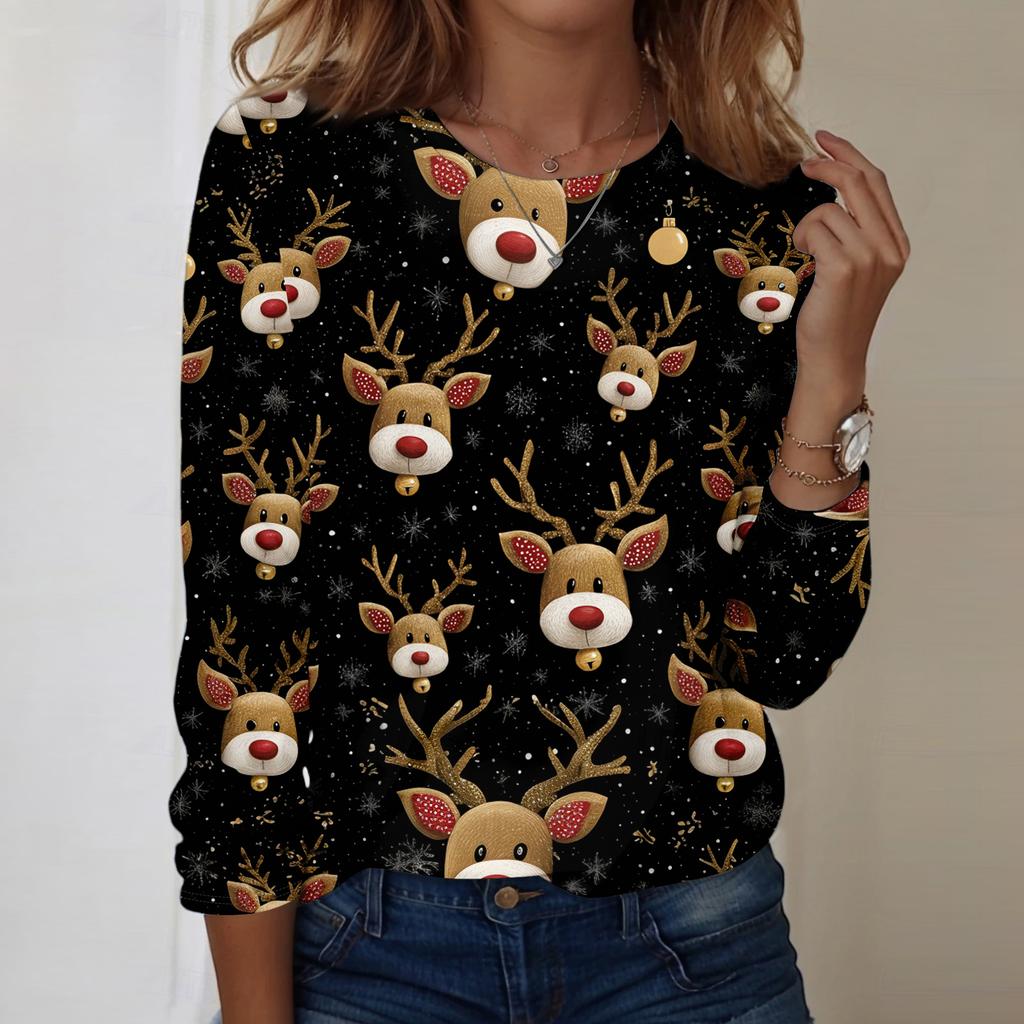 Women's Fashion Casual Long Sleeve Christmas Printed Round Neck Top