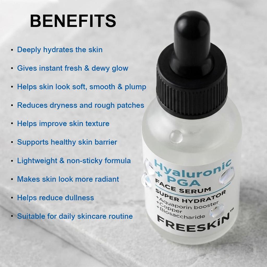 Freeskin Hyaluronic Acid + PGA Face Serum with Aquaporin Booster, Copper & Biosaccharide | Intense Hydration, Glowing Skin & Fine Line Care | Daily