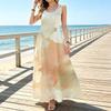 Sleeveless U Neck Maxi Dress,Women Neutral Watercolor Sundress,Earthy Tone Blot Print,Summer Vacation Dress