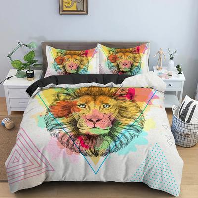 Polygon Cartoon Animal Pattern Duvet Cover Watercolor Lion Background Polyester Bedding Set King Queen Size 2/3Pcs for Kids Boys