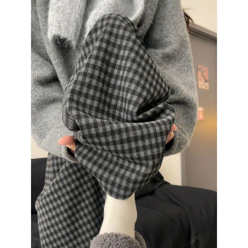 

Gray Fleece-Lined Black and Gray Wide-Leg Lazy Style Plaid Pants for Women, Spring and Autumn, Plus Size, Slimming, Drapey Casual Pants Black and Gray Plaid Regular Version 2XL