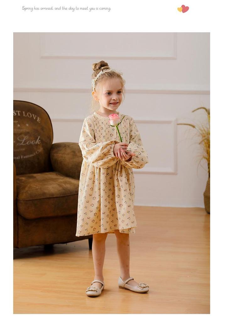 Spring 2026 Korean Forest-Style Floral Print Dress with Pleated Stand Collar, Puff Long Sleeves, and Lace Accents for Girls