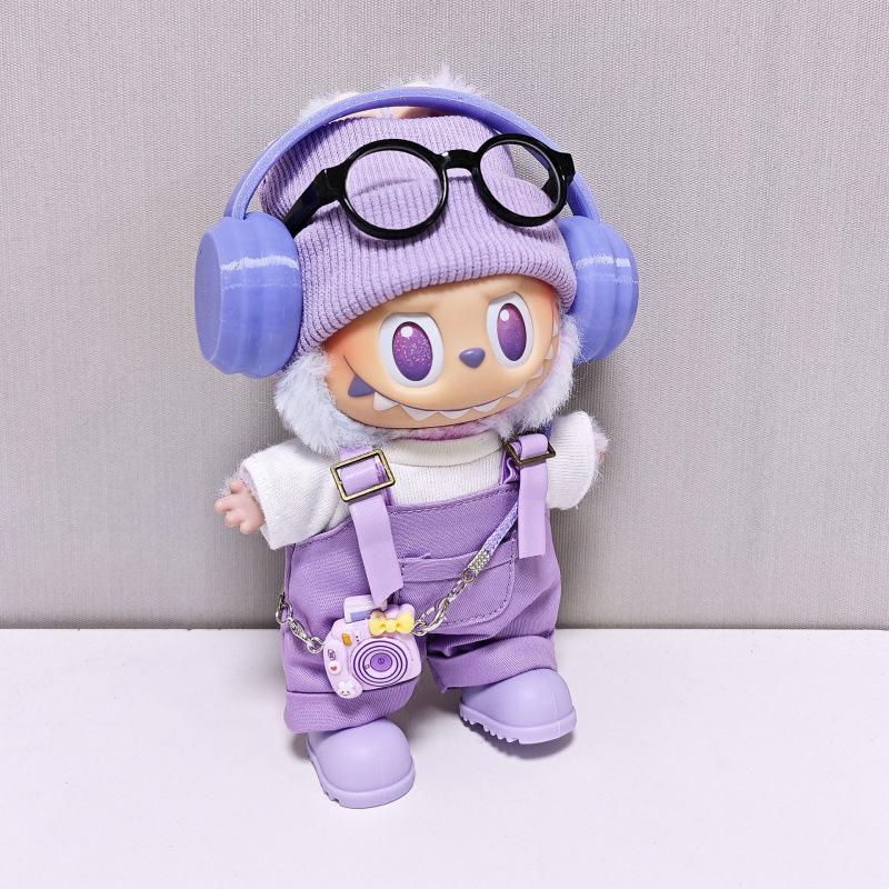 Labubu Doll Fashion Set: Purple Pink Overalls, Knitted Hat & Headphones for 1st, 2nd, 3rd Gen