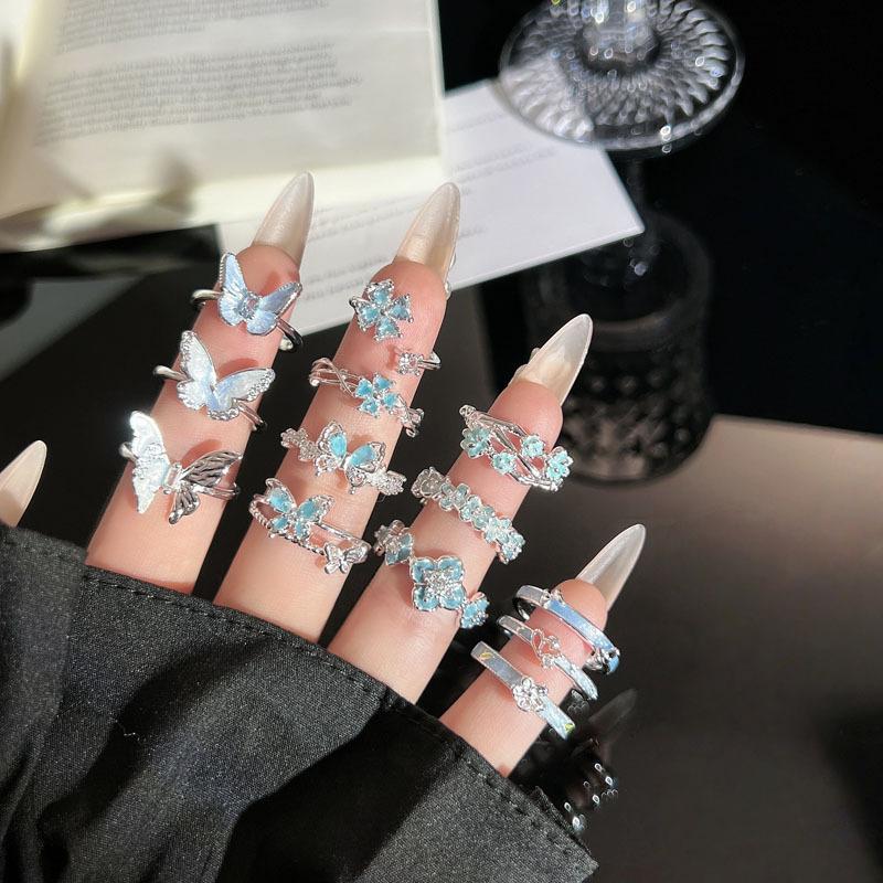 Summer New Glacier‑Blue Gradient Butterfly Flower Light‑Luxury Temperament Open Ring Niche Unique Design Adjustable Index Finger Trend Jewelry