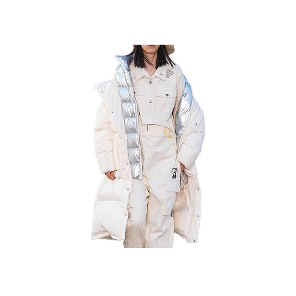 Li Ning CF Su Series Silk Road Exploration Show Casual Sports Long Hooded Warm Down Jacket Women Outerwear Off-White AYMQ562-2