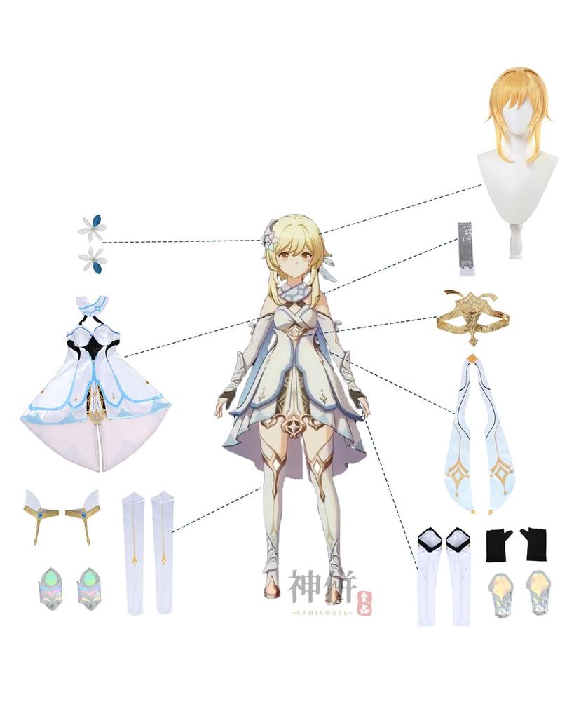 Genshin Lumine Cosplay Costume with Honorable Knight Traveler Full Adult Costume for School Genshin Impact with Size [Excellent Quality] Wig, (Little