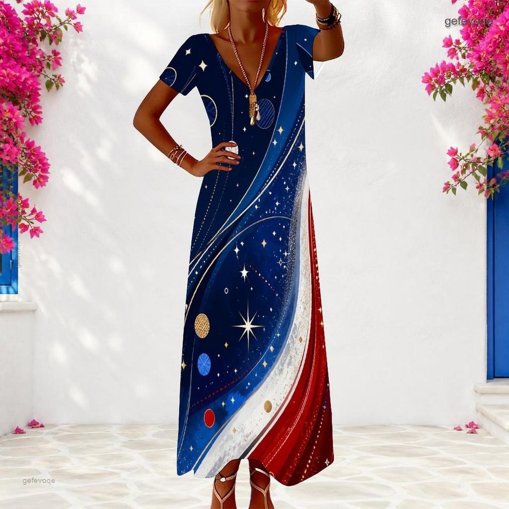 Women Plus Size V Neck Short Sleeve Galaxy Star Printed Maxi Dress