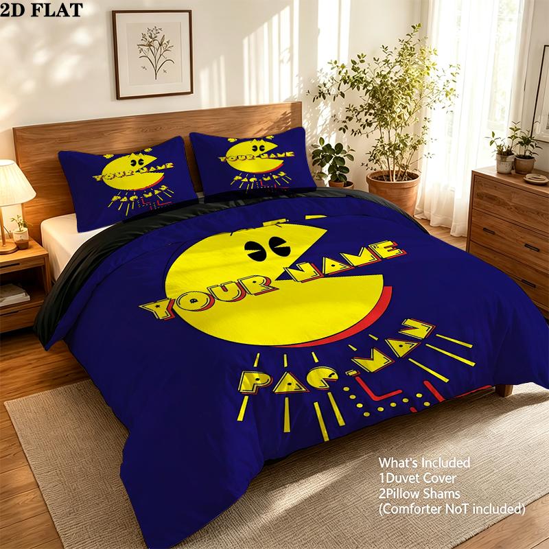 Custom Name,Pac Man Pattern Bedding Home Decoration Birthday Gift ( 1 Duvet Cover + 2 Pillowcase, Without Core),fan Merchandise.