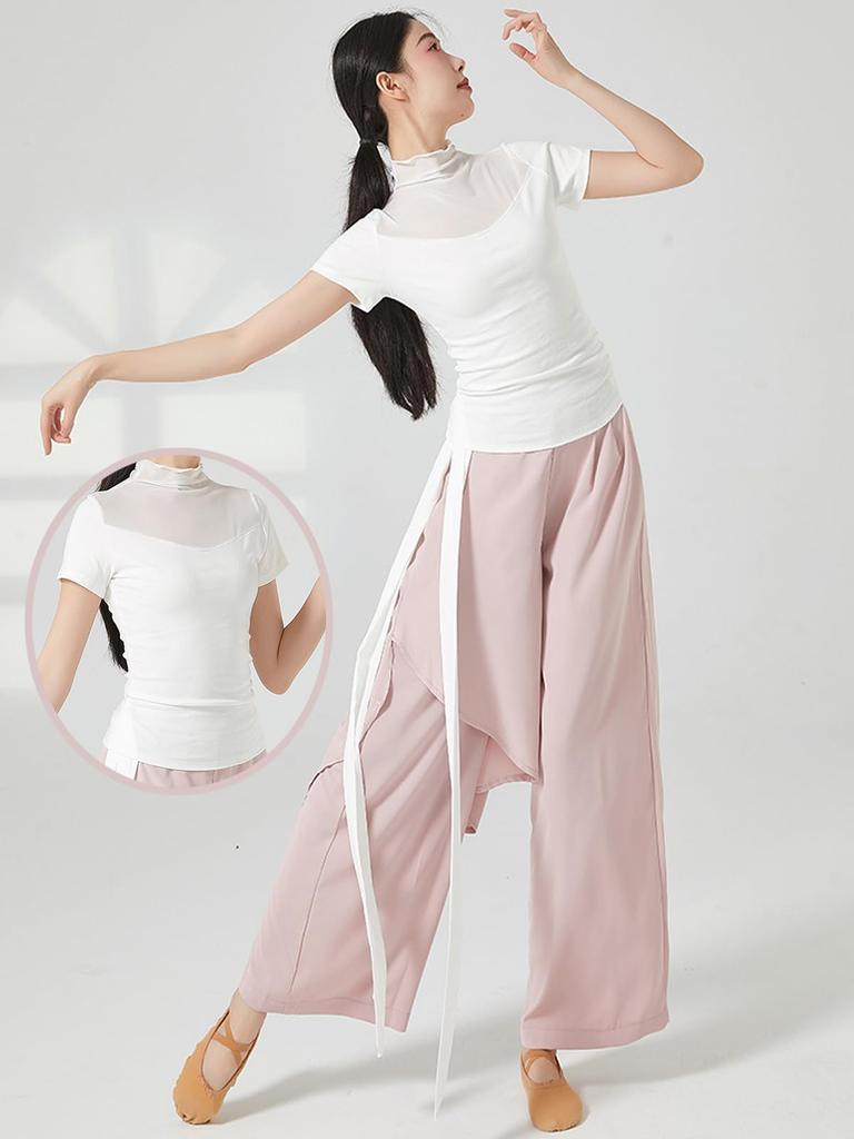 Yuoku Short Sleeve Ballet Dance Mesh Sheer High Neck Practice Classical Ballroom Elegant Dance Costume Women's Top, Collar, T-Shirt, Blouse,