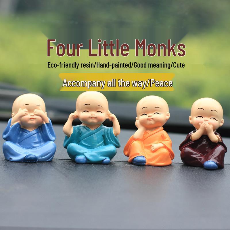Straw Hat Monk Swinging Desk & Car Ornament - Set of 4 Bald Novice Figurines