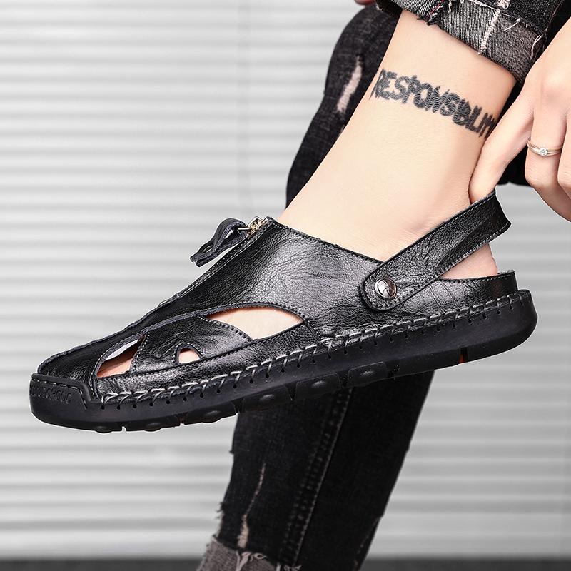 Men's Handmade Stitching Men's Black Sandals Two Wearing Slippers Summer Outdoor Male Footwear Firm Original Beach Men Slippers