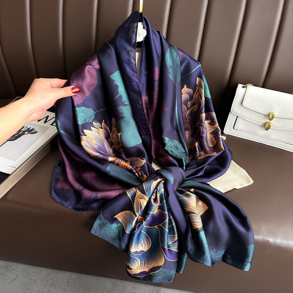 Long Silk Scarf Spring and Summer Thin Style Printed Scarf Beautiful Brocade Lotus Shawl Imitation Silk Scarf Gauze Scarf