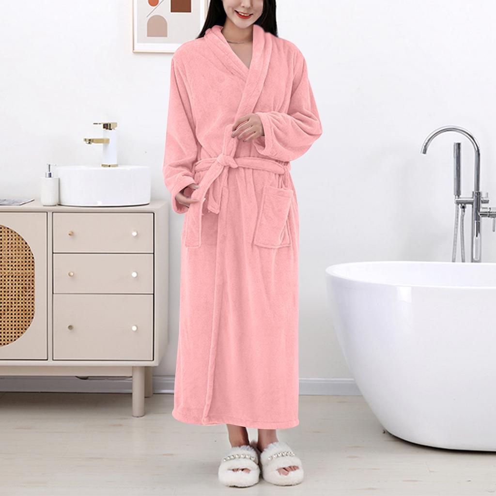 Women's Solid Color Long Sleeve Winter Warm Bathrobe Home Wear Plush Pajamas Nightgown