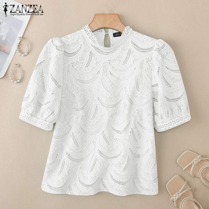 ZANZEA Bluză casual de vară cu mâneci scurte și guler rotund pentru femei, cu dantelă patchwork
