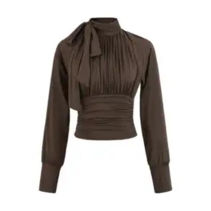 Women's High Neck Bow Tie Blouse Ruched Waist Long Sleeve Slim Solid Color Casual Tops
