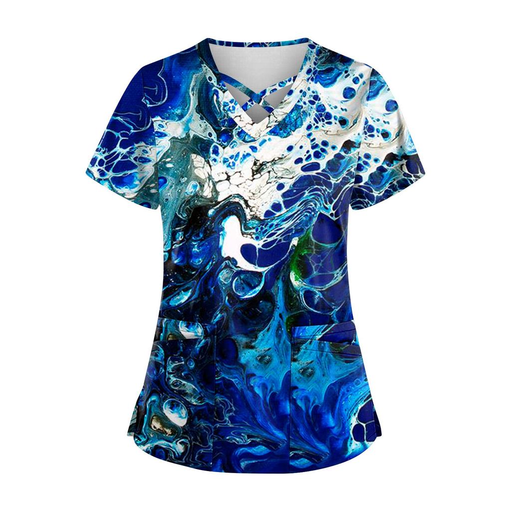 Women's Fashion V Neck Cross Printing Uniform With Pocket T-Shirt Short Sleeve Top