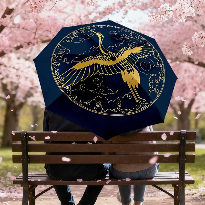 1 Stück Goldener Kranich Wolken Automatischer Faltregenschirm 8 Speichen Eisenrahmen, Geeignet für Reisen, Täglichen Gebrauch, Geburtstag, Geschenk für Frauen & Männer c1231091