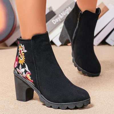Botines de Tacón Alto Bordados Vintage para Mujer Cremallera Lateral Botas Negras de Tacón Grueso Mujer Talla Grande Botines Cortos Mujer 42