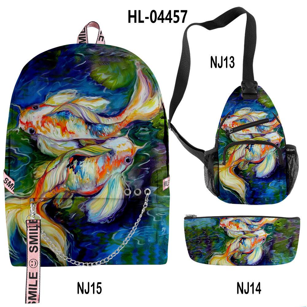 Classico Novità Divertente Cool Carpa Dorata Stampa 3D Set da 3pz Zaini Scolastici multifunzione Zaino da Viaggio Borsa a Petto Astuccio