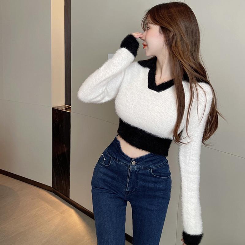 Women's Sweater Slim Color Contrast V-neck Tops