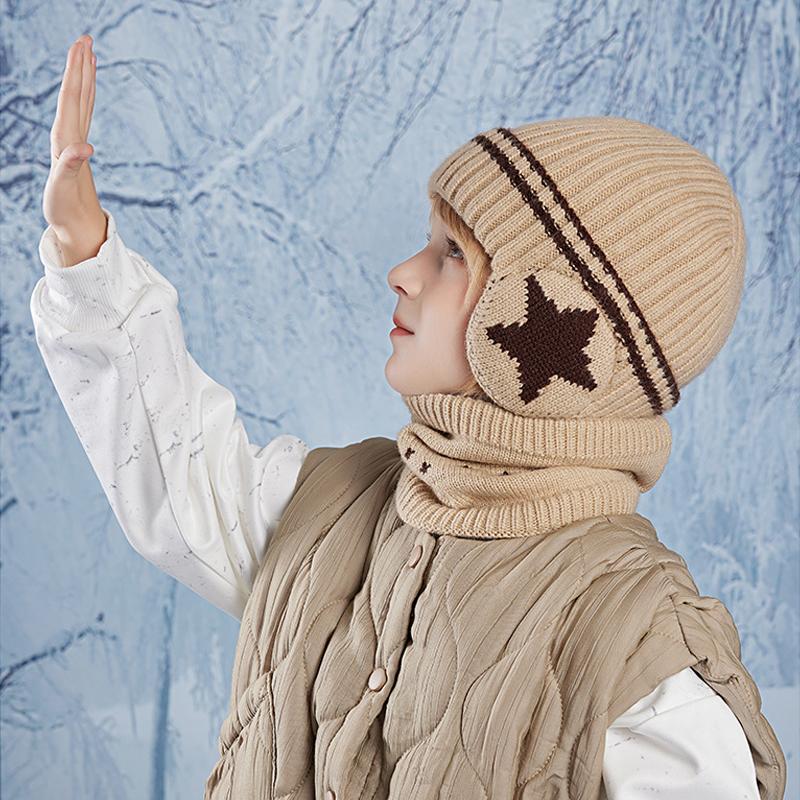 Children's Hat Scarf Suit Winter Velvet Warm Ear Protection Coldproof Knitted Wool Cap Boys Girls Pullover Cap