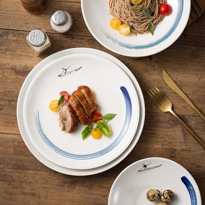 Creative Western Food Plate Japanese Hand-Painted Shallow Plate Household Ceramic Tableware Restaurant Hotel Steak Plate Plate