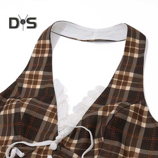 Sexy vesta Halter Šněrovací topy bez rukávů s odhalenými zády a kostkovaným vzorem s krajkovou dekorací Slim Fit Topy ve francouzském stylu