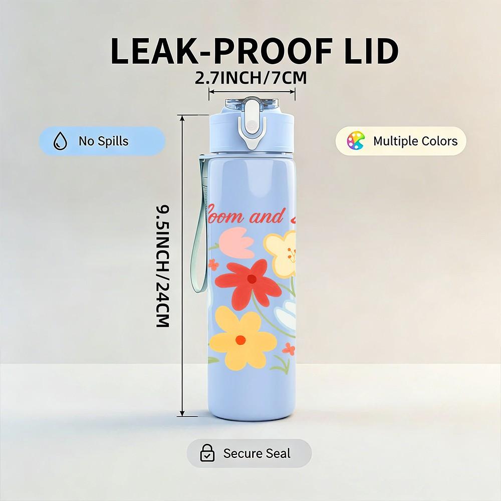 1PC Bloom And Grow Floral Letter Art 750ml Color Plastic Sports Water Bottle Leakproof Flip Straw Lid For Sports Office Home Use
