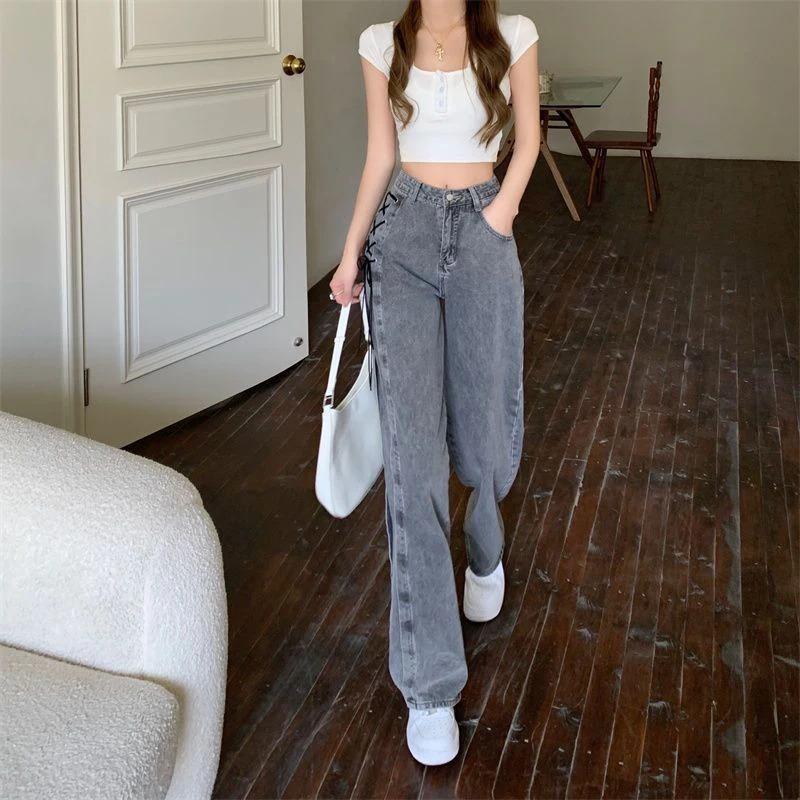 Y2K Street Women Jeans Pants American High Waist Lace Up Chic Female Casual Pants Korean Vintage Ladies Wide Leg Trousers