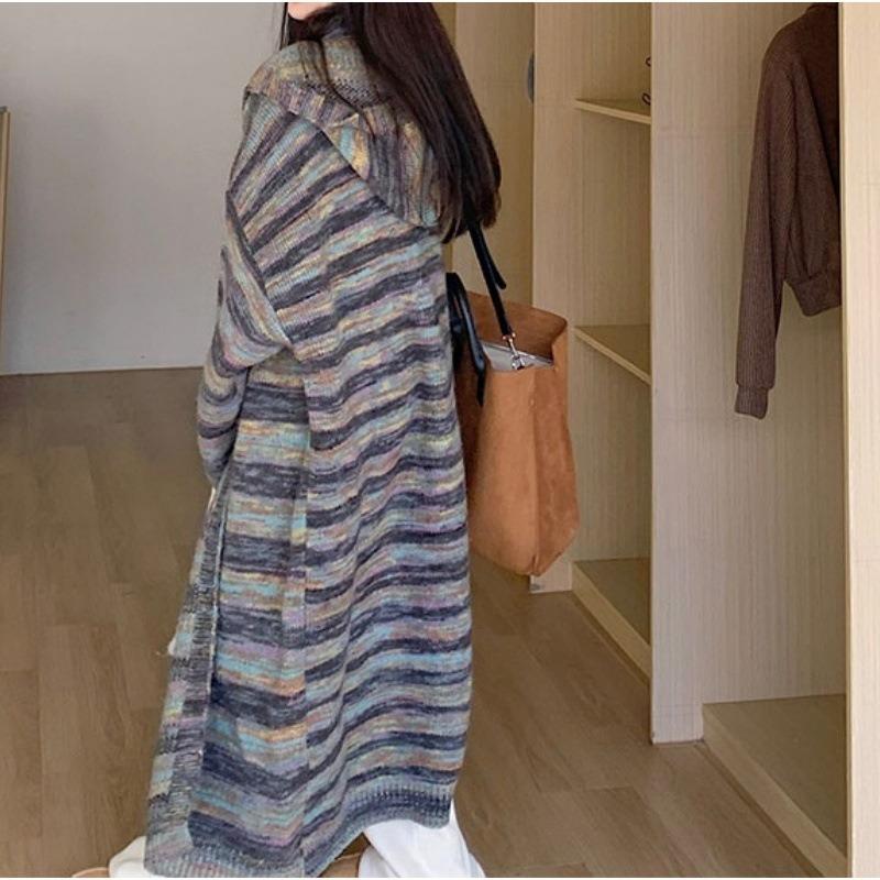 Autumn and Winter New Color Matching Striped Sweater Cardigan Women's Medium and Long Knitted Coat Lazy Loose Hooded Coat