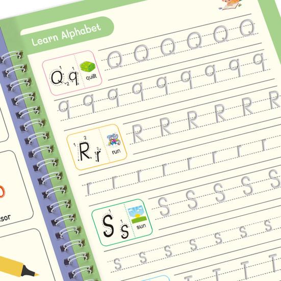 4Pcs Grooved Writing Practice Book with Pens Refills Pencil Gripper Reusable Kids Handwriting Practice Workbooks Alphabet Tracing Learning Book