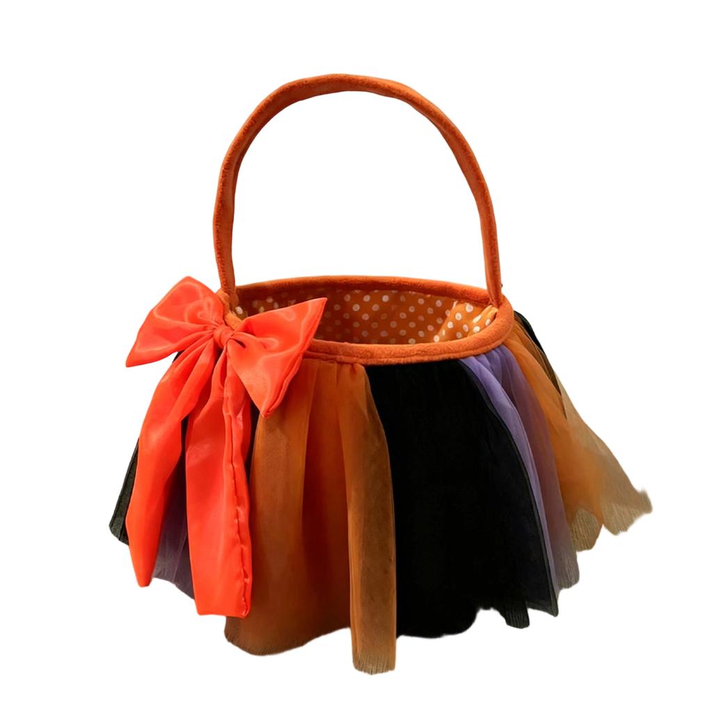 Halloween Candy Basket Mesh Tulle Bow Decorative Bucket Soft Handle Trick or Treat Storage Container for Party and Home Use