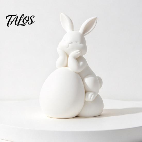 Compact Modern Home Ornament Handmade PLA Sculpture, Rabbit with Easter Egg Figurine, Minimalist Small White Resin Statue for Living Room Shelf