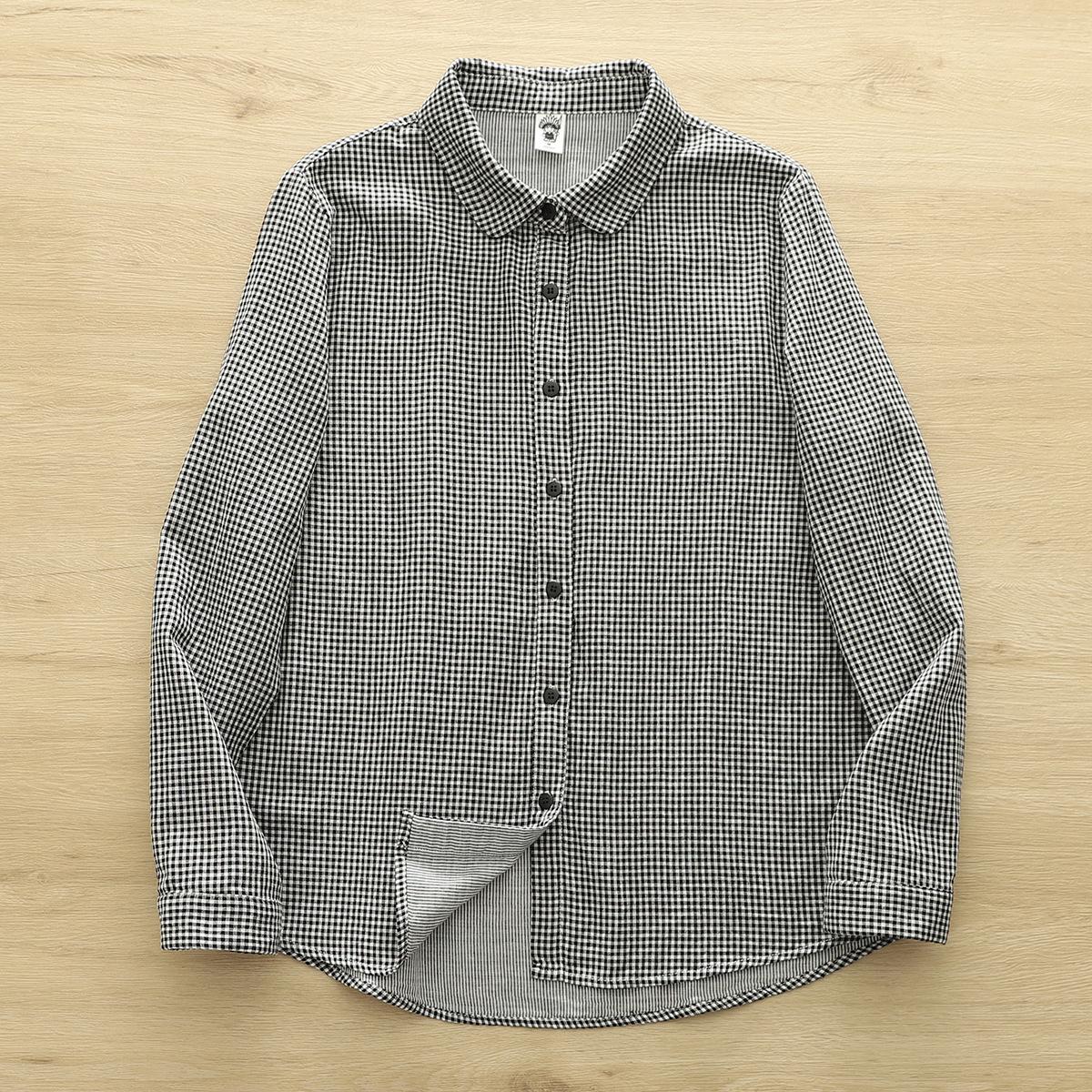 Pure Cotton Double-Layer Gauze Women s Long Sleeve Plaid Blouse with Classic Doll Collar 601 Medium
