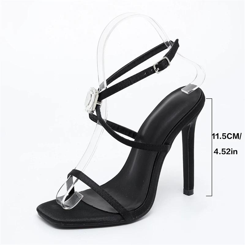Fashion Eilyken Summer Sexy Crystal Diamond Thin High Heels Women Sandals Buckle Strap Party Prom Square Toe Ladies Shoes