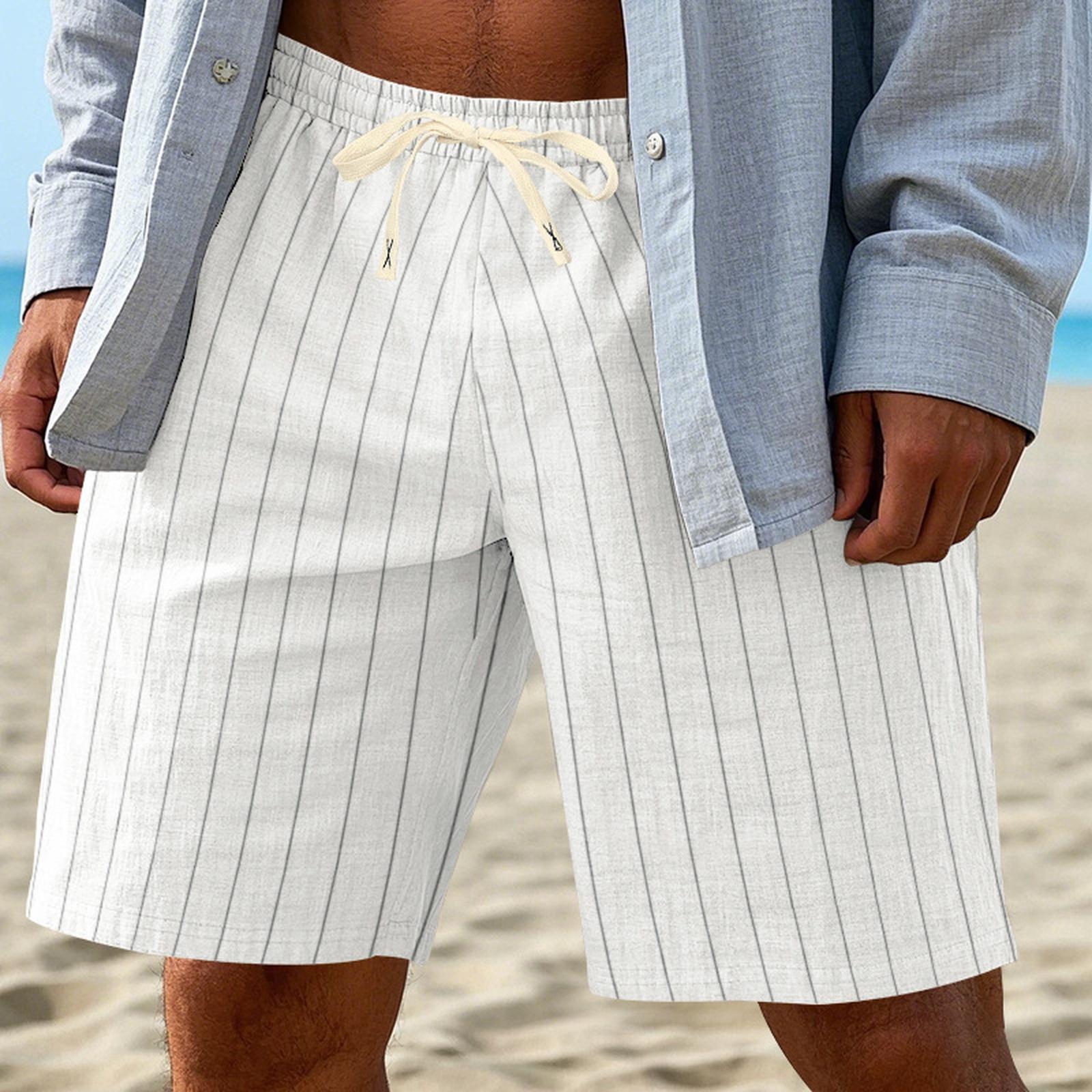 

Men s Casual Fashion Drawstring Shorts Thin Linen Beach Pants білий