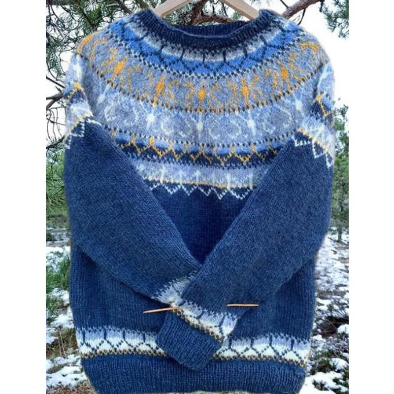 DAFIFY Women's Fashion Casual Geometric Print Fall Winter Long Sleeve O-Neck Sweaters