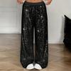 Damen Schwarz Pailletten Weite Hosen Elastischer Bund Glitzernd Locker Partyhosen